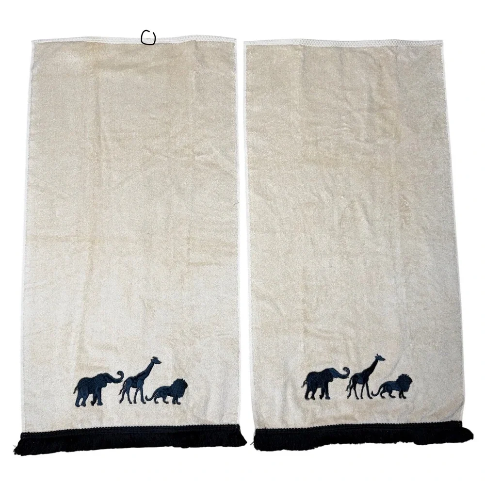 Vtg Avanti Safari Animal Embroidered Fringe Towel Set 5pc Beige Black Cotton USA